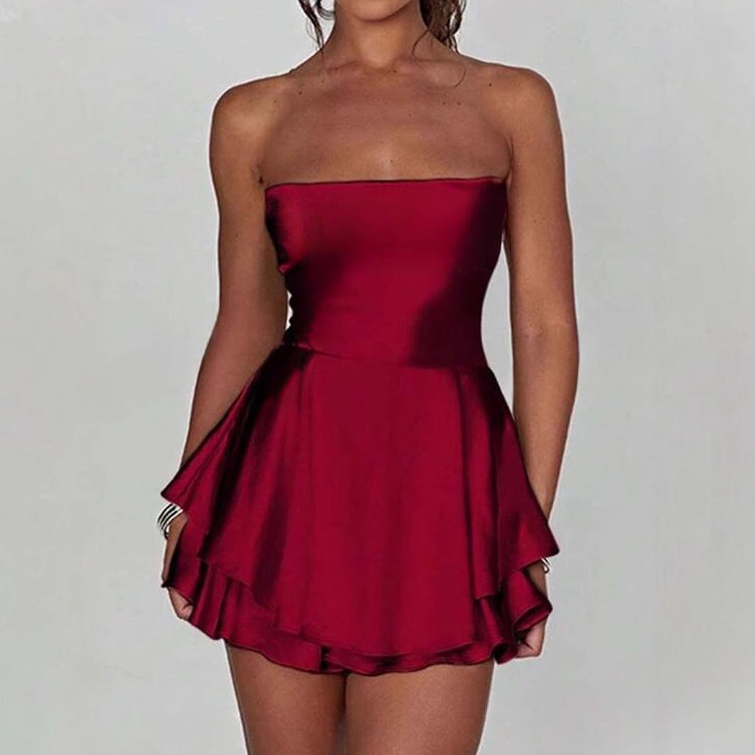Women's Bandeau Dress with Flowing Ruffle Design