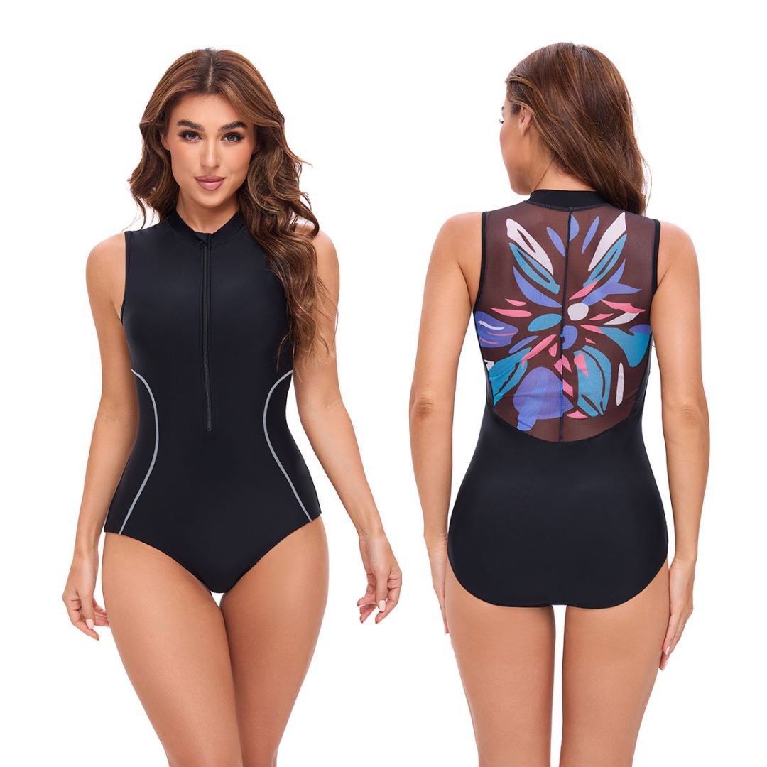 Women's Sleeveless Swimsuit with Floral Back Design