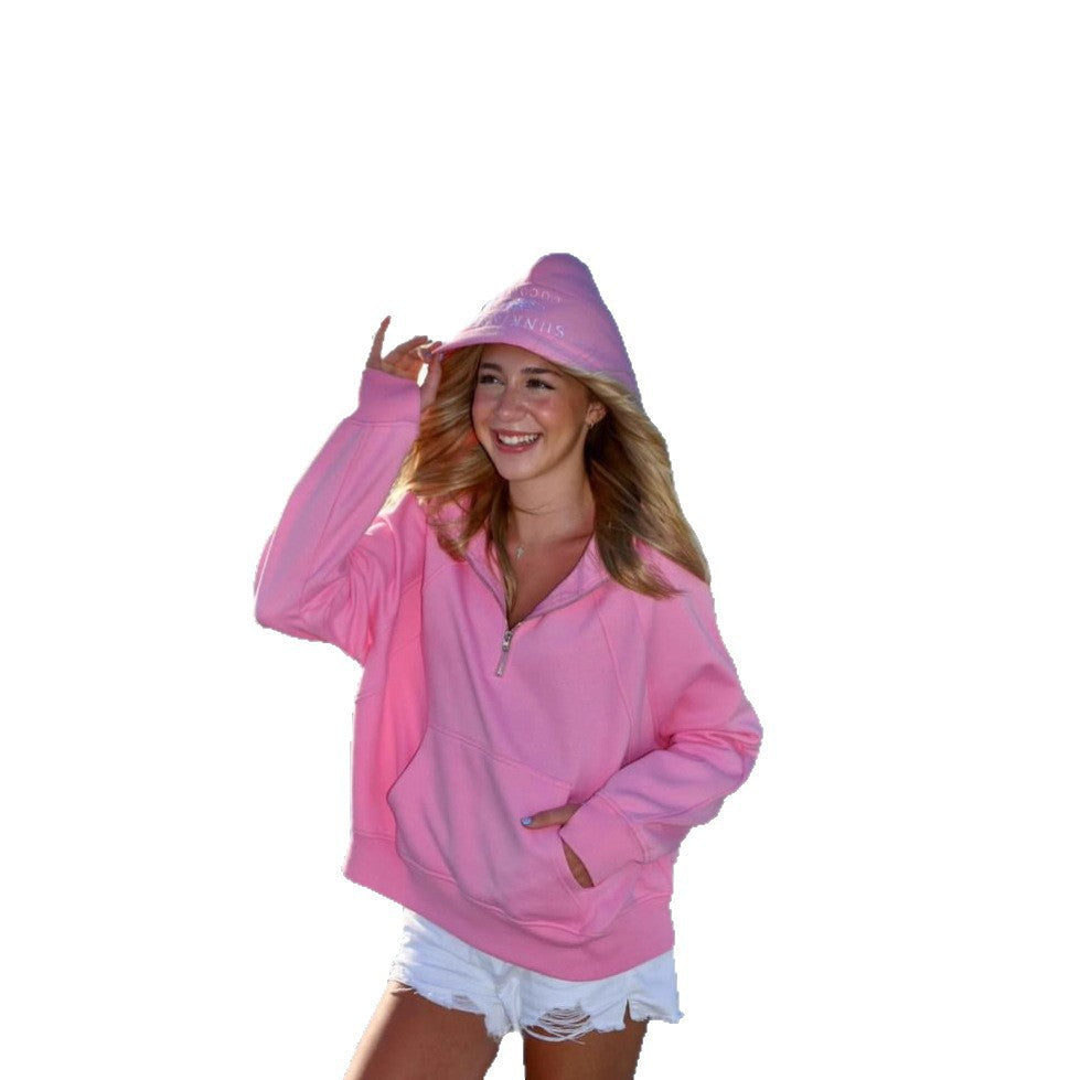 Women's Comfortable Hoodie with Short Zipper and Kangaroo Pocket