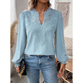 Women's Blouse with Embroidered V-Neck and Long Sleeves