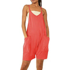 Women's Casual Jumpsuit with Deep Neckline and Practical Pockets