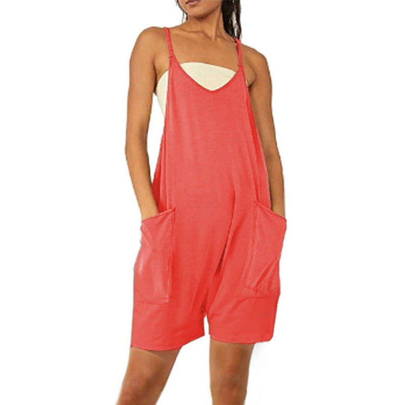 Women's Casual Jumpsuit with Deep Neckline and Practical Pockets