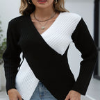 Women's Elegant V-Neck Sweater with Asymmetric Stripe Pattern