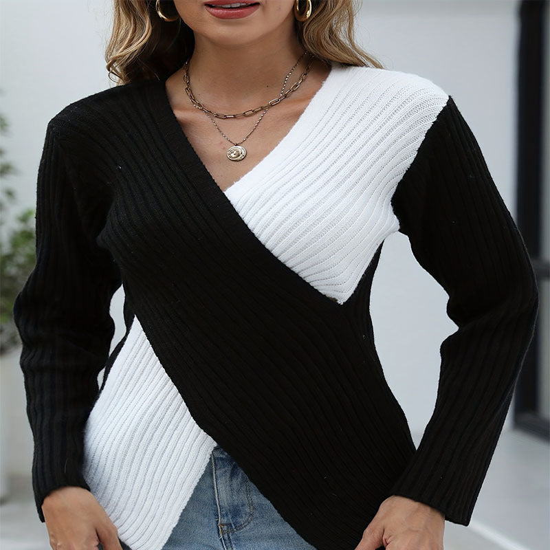 Women's Elegant V-Neck Sweater with Asymmetric Stripe Pattern