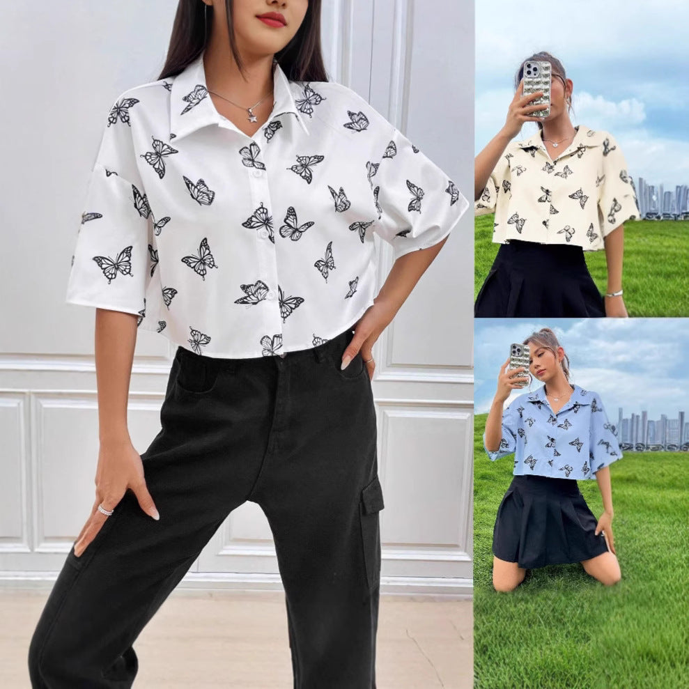 Women's Short Sleeve Shirt with Butterfly Print