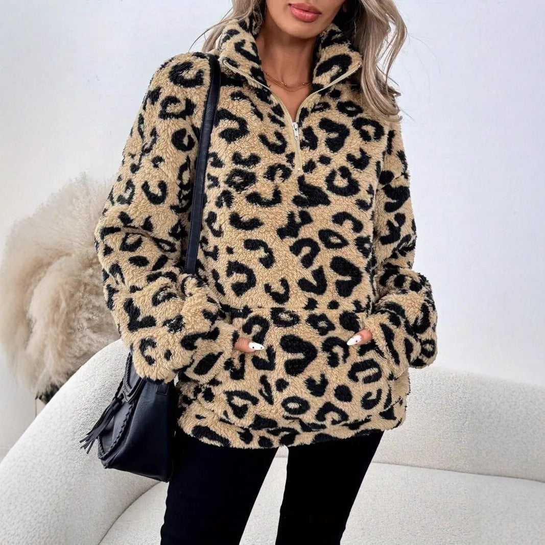 Women's Fleece Pullover with Leopard Print