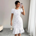 Women's Floral Lace Midi Dress with Ruffle Hem