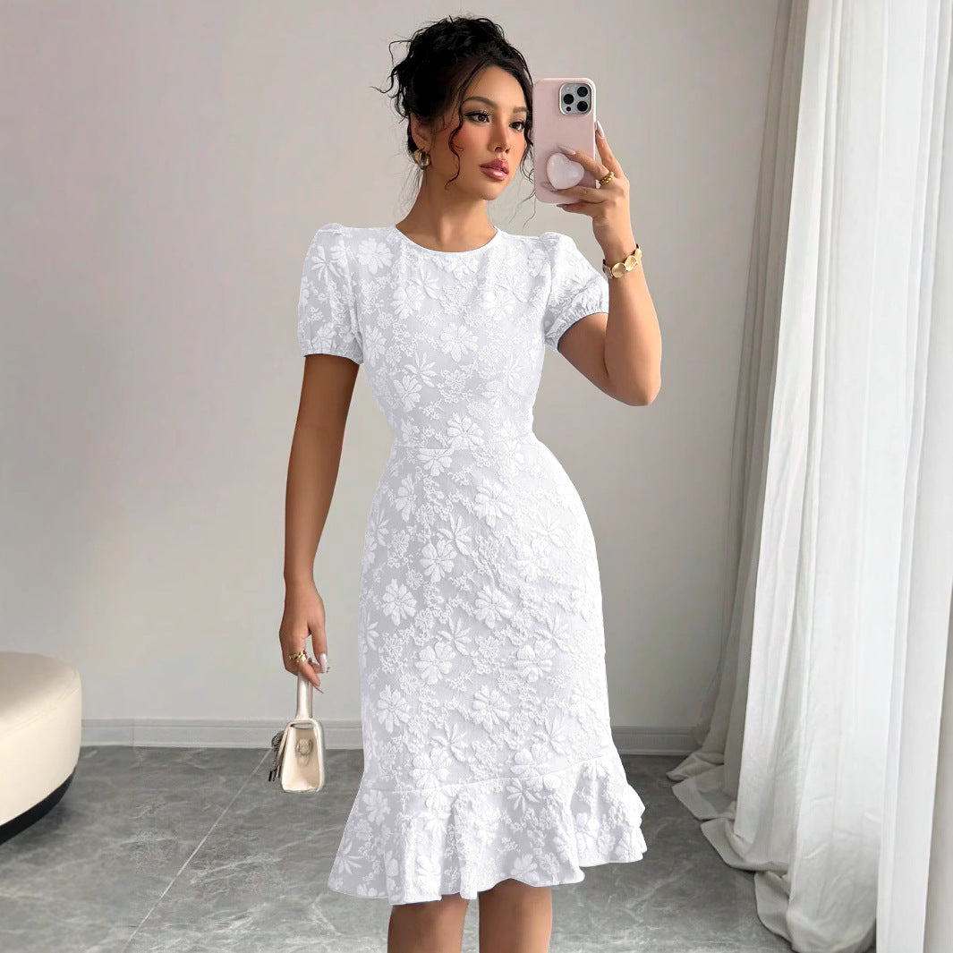 Women's Floral Lace Midi Dress with Ruffle Hem