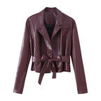 Women's Elegant Faux Leather Jacket with Tie Belt