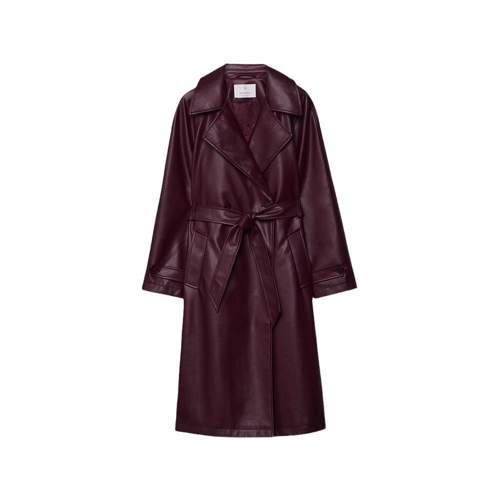 Women's Faux Leather Trench Coat with Elegant Cut