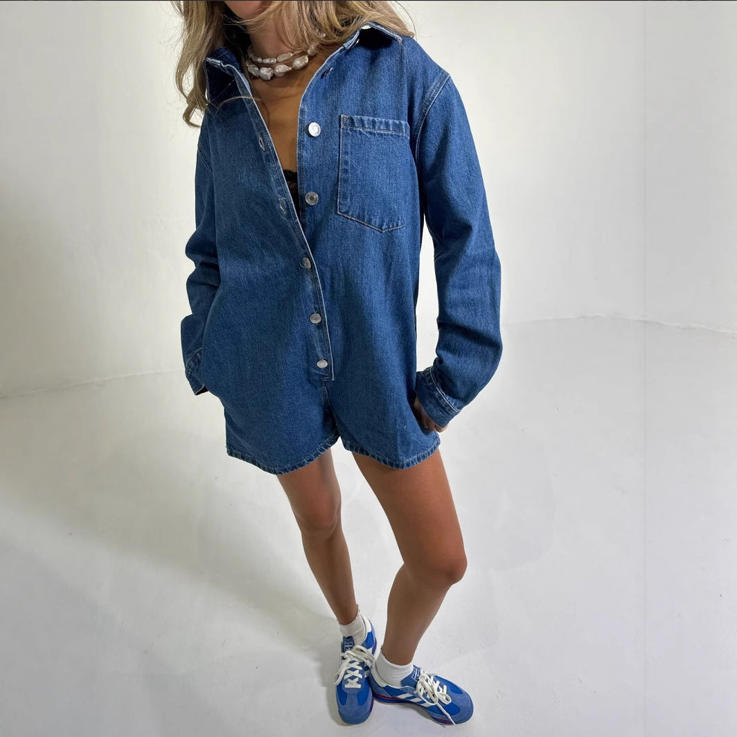Women's Short-Sleeve Denim Jumpsuit with Pockets