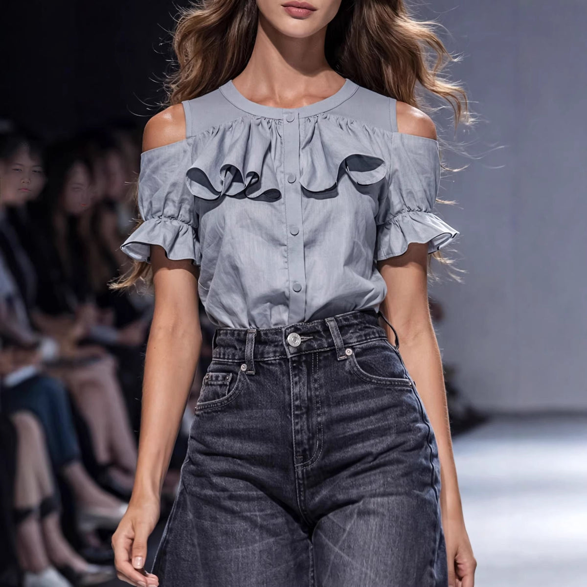 Women's Cold-Shoulder Blouse with Ruffle Details