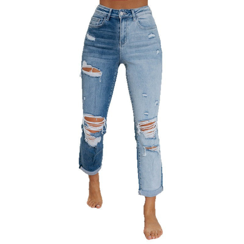 High-Waisted Destroyed Jeans