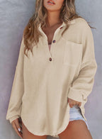 Women's Casual Waffle Texture Shirt with Button Placket and Chest Pocket