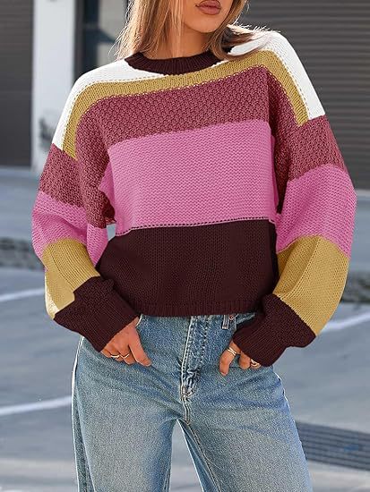 Women's Chunky Knit Sweater with Color Block Design and Oversized Fit