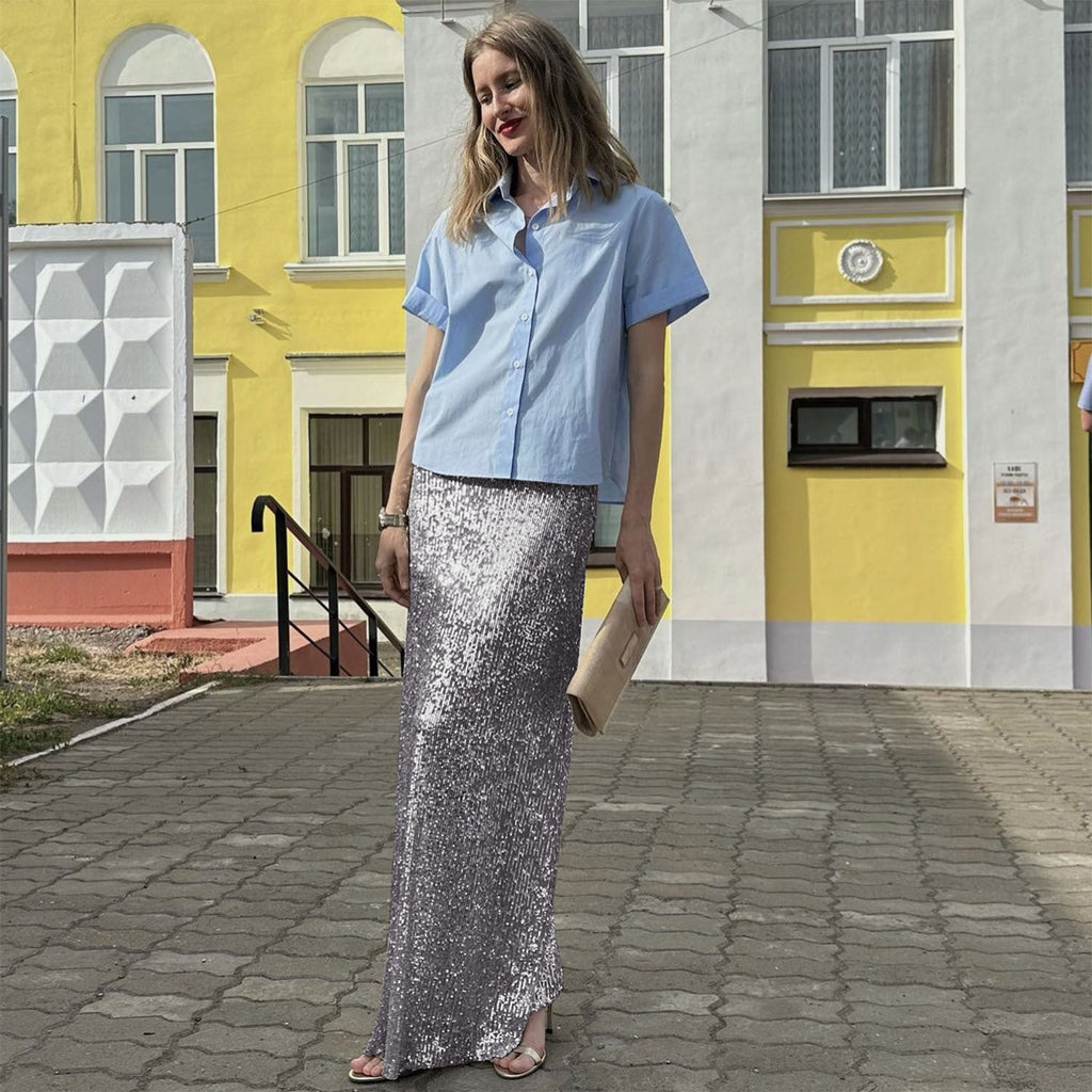 Women's Glittery Maxi Skirt with Slim Fit and High Waist