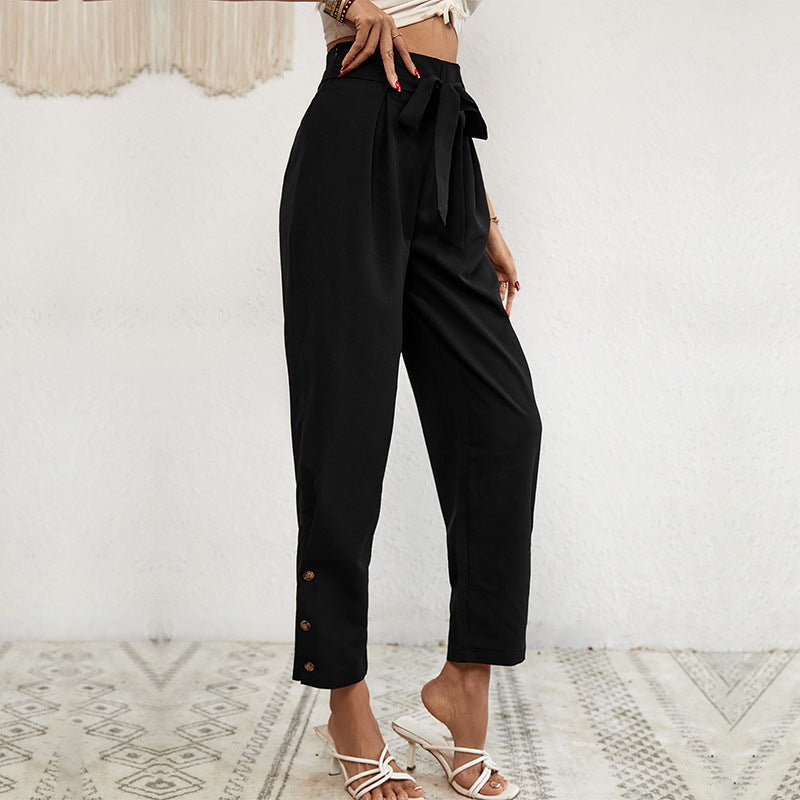 Women's Elegant Harem Pants with Tie Belt and Button Details