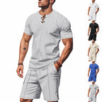 Men's Short-Sleeved Lace-Up Collar Waffle Jersey Set