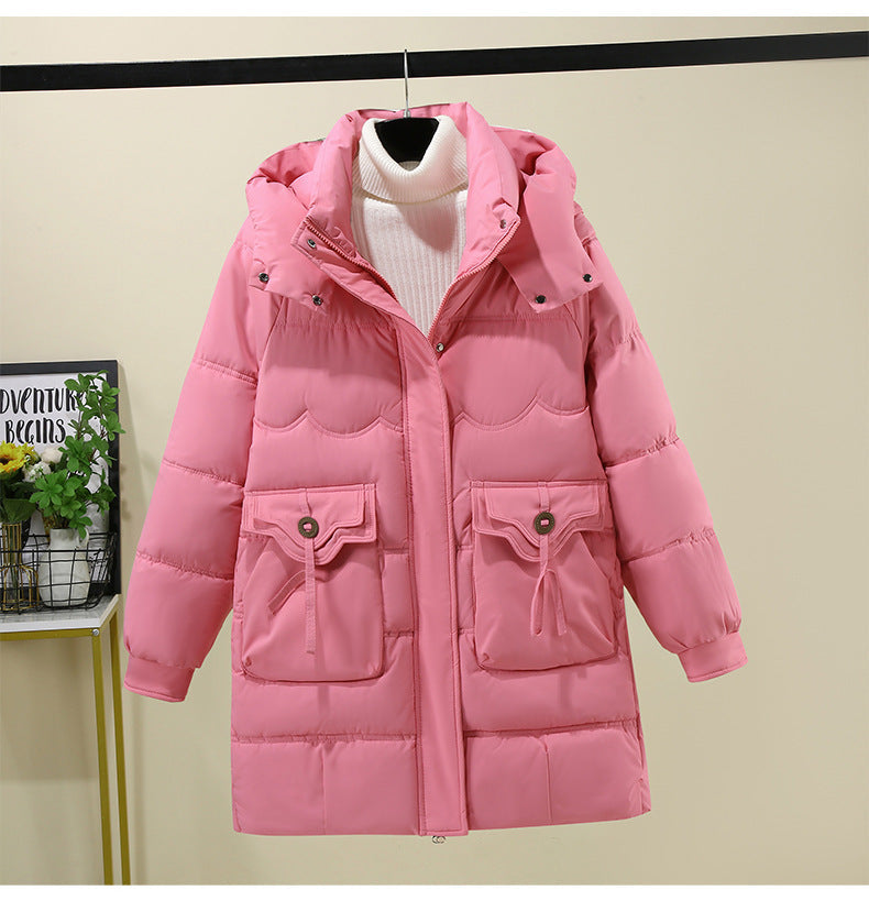 Women's Long Puffer Jacket with Practical Hooded Collar and Large Pockets
