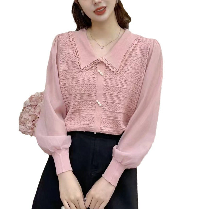 Blouse with Lace Collar and Decorative Buttons