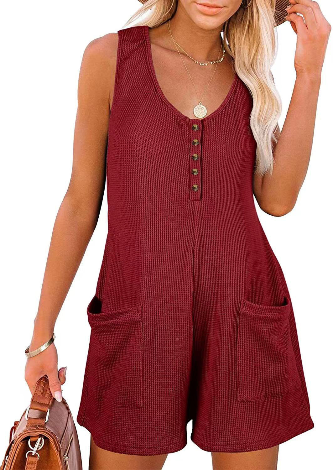 Casual Short Jumpsuit with Button Placket and Pockets