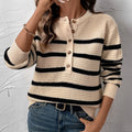 Women's Striped Knit Sweater with Button Placket and Casual Fit