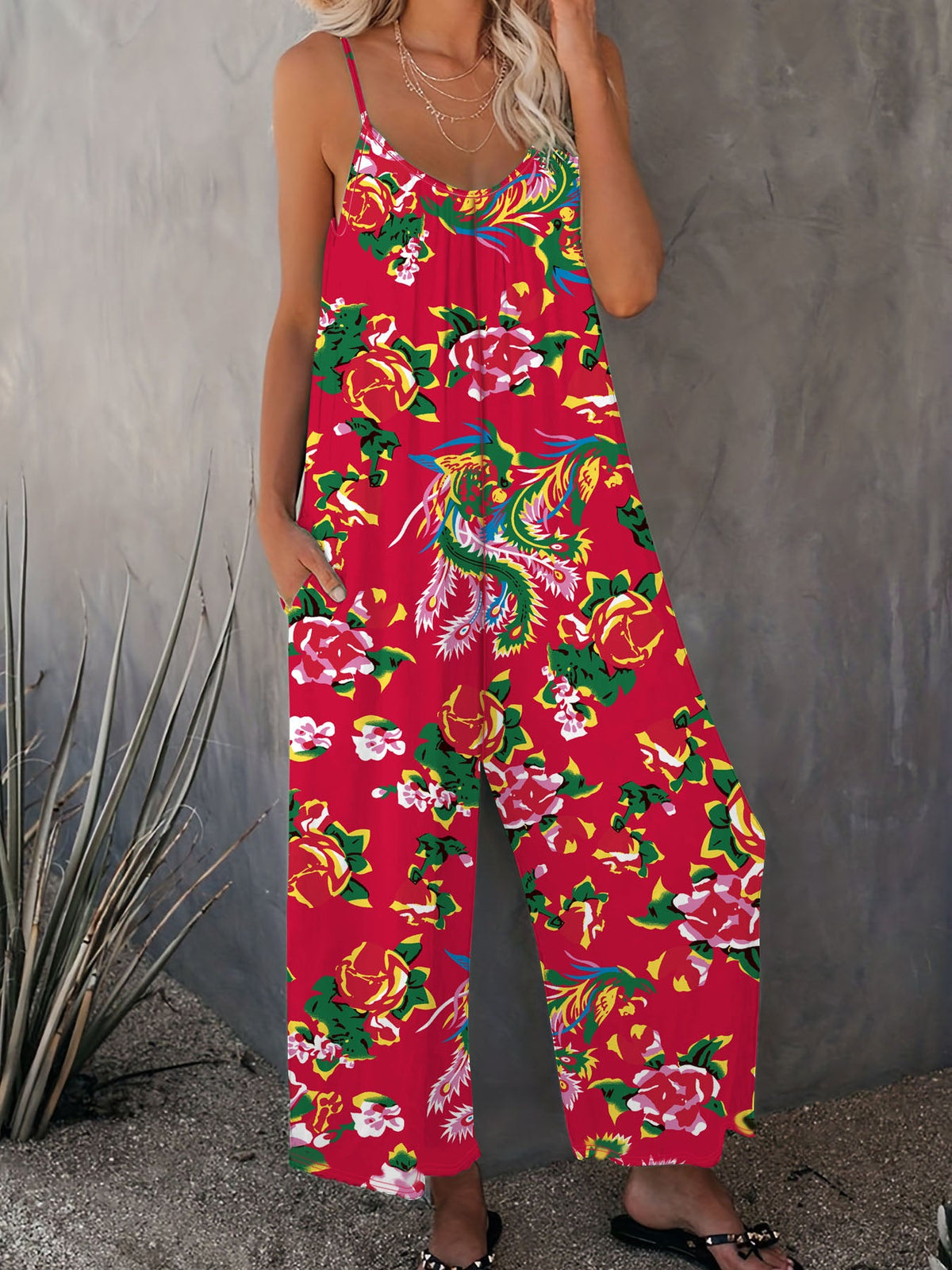 Women's Airy Jumpsuit with Floral Design and Adjustable Straps