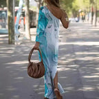 Women's Asymmetrical Maxi Dress with Colorful Art Print