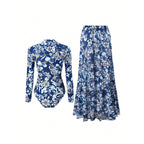 Women's Long-Sleeve Swimsuit with Floral Maxi Skirt