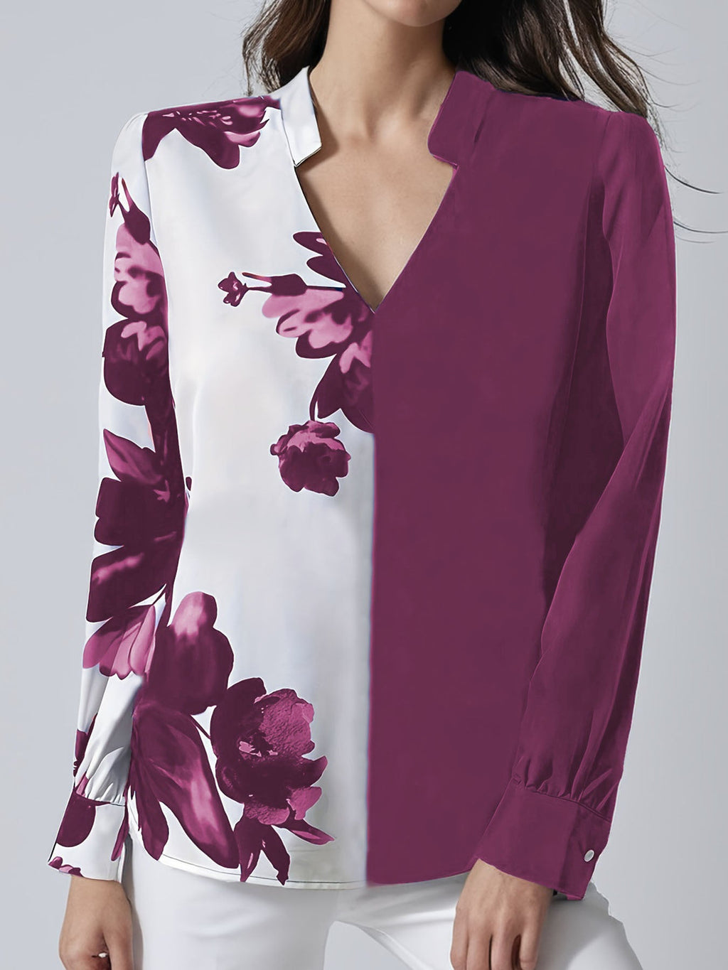 Women's Blouse with Unique Floral Pattern and Elegant V-Neck