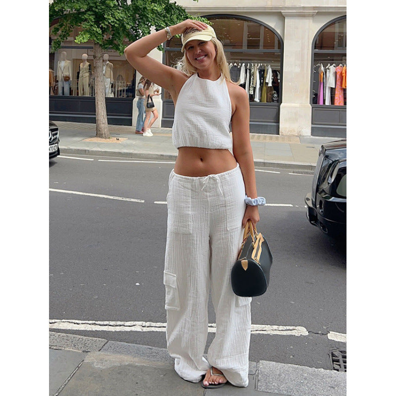 Women's Casual Crop Top and Wide-Leg Pants Set