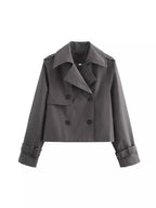 Women's Cropped Trench Coat with Double-Breasted Closure and Adjustable Sleeves