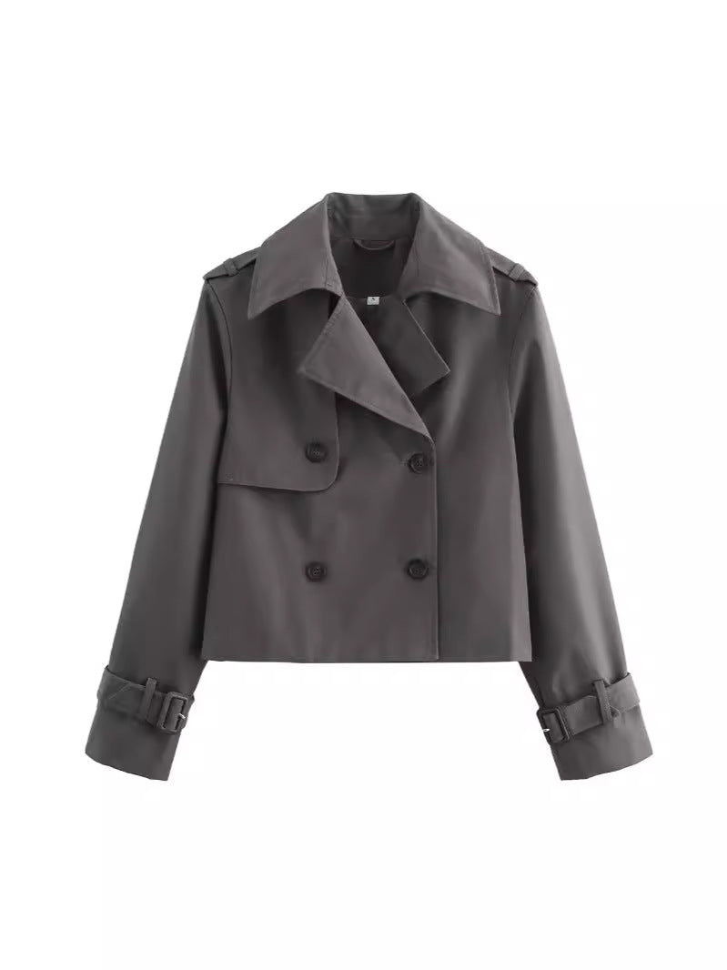 Women's Cropped Trench Coat with Double-Breasted Closure and Adjustable Sleeves