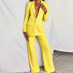 Elegant Tailored Two-Piece Set with Deep V-Lapel Blazer and Wide-Leg Pleated Trousers