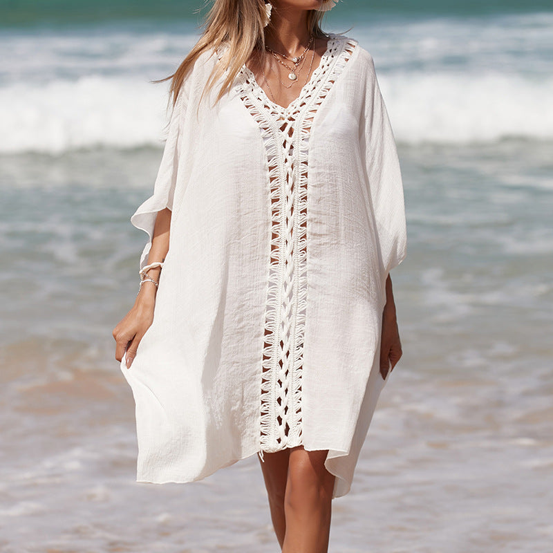 Women's Elegant Beach Poncho with Crochet Accents and Deep V-Neck