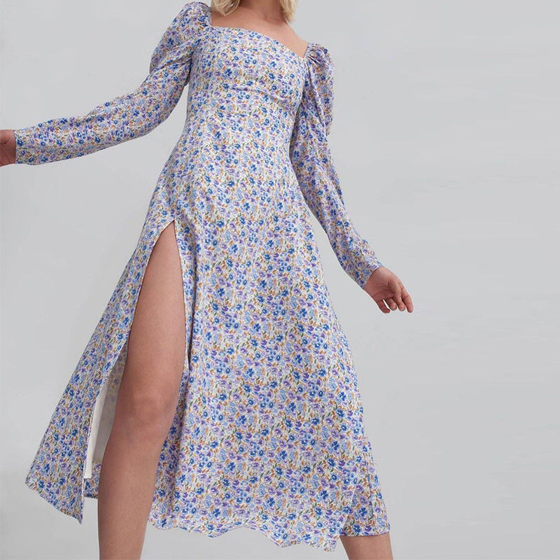Women's Floral Maxi Dress with Asymmetric Slit and Puff Sleeves