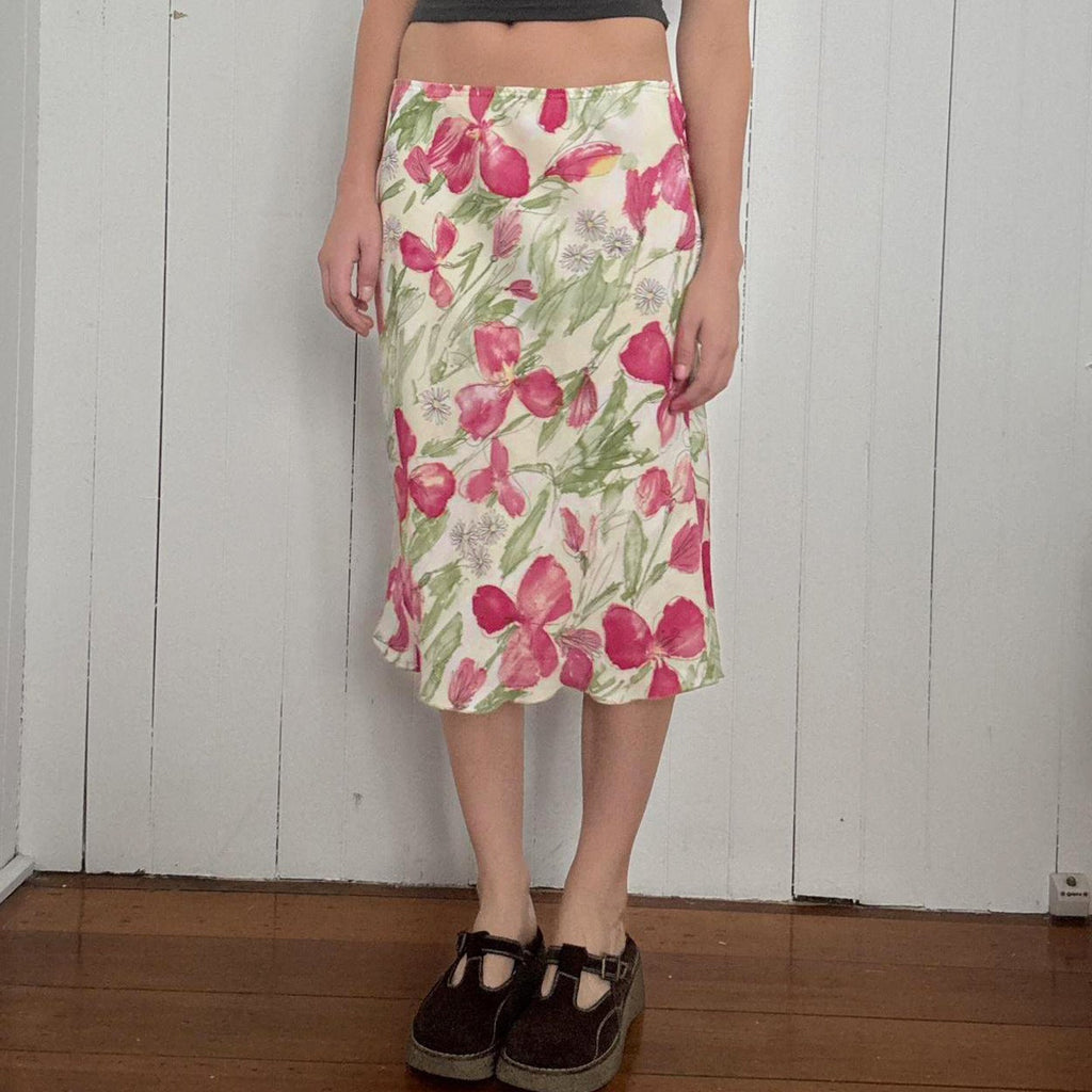 High-Waisted Flared Midi Skirt with Floral Watercolor Print