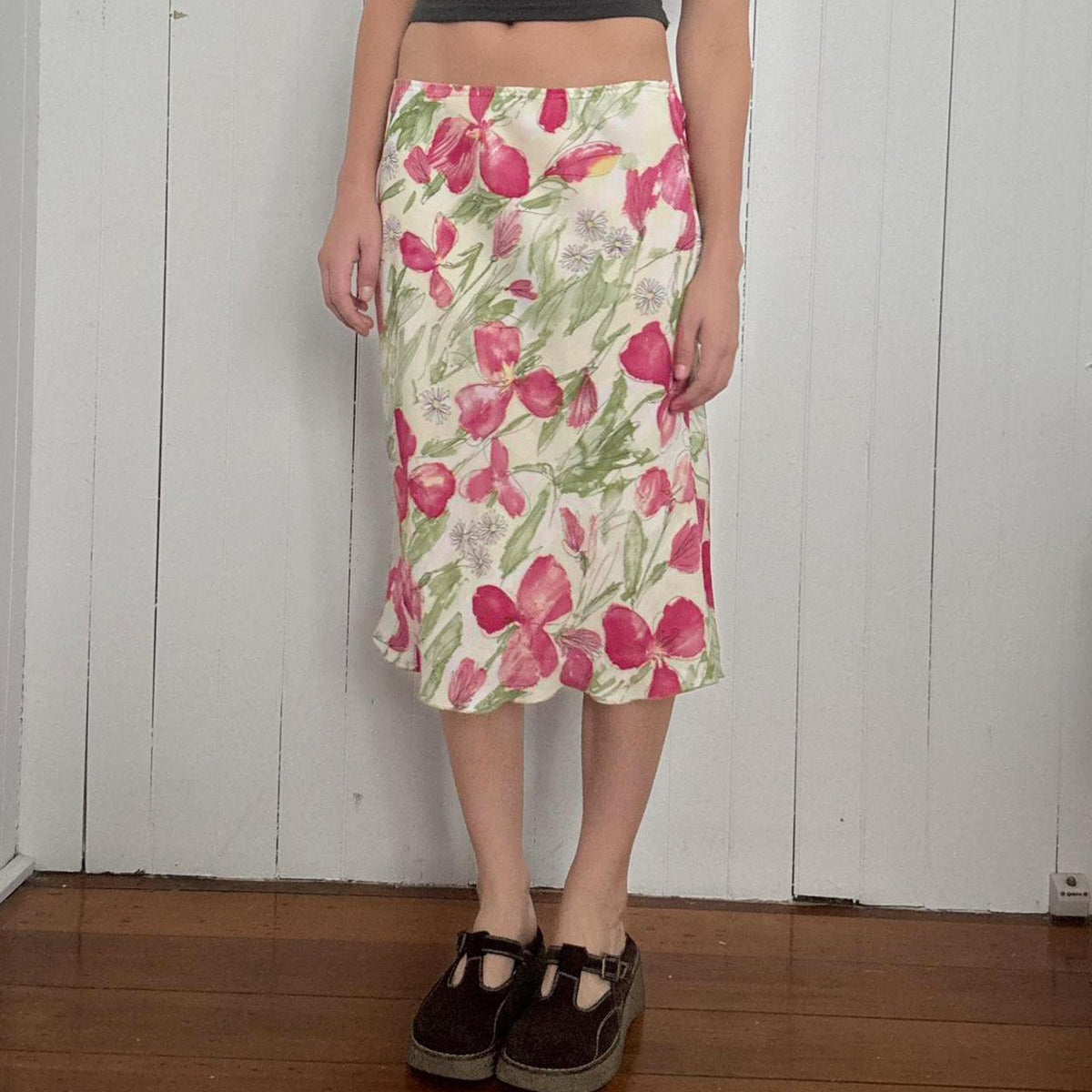 High-Waisted Flared Midi Skirt with Floral Watercolor Print
