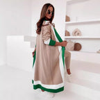 Women's Fashionable Long Knit Coat with Unique Color Block Design and Wide Collar