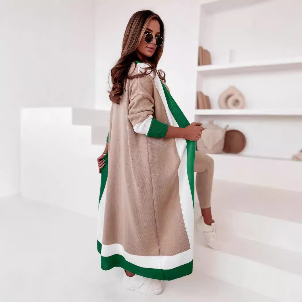 Women's Fashionable Long Knit Coat with Unique Color Block Design and Wide Collar