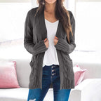 Women's Chunky Knit Cardigan with Modern Cable Patterns and Pockets