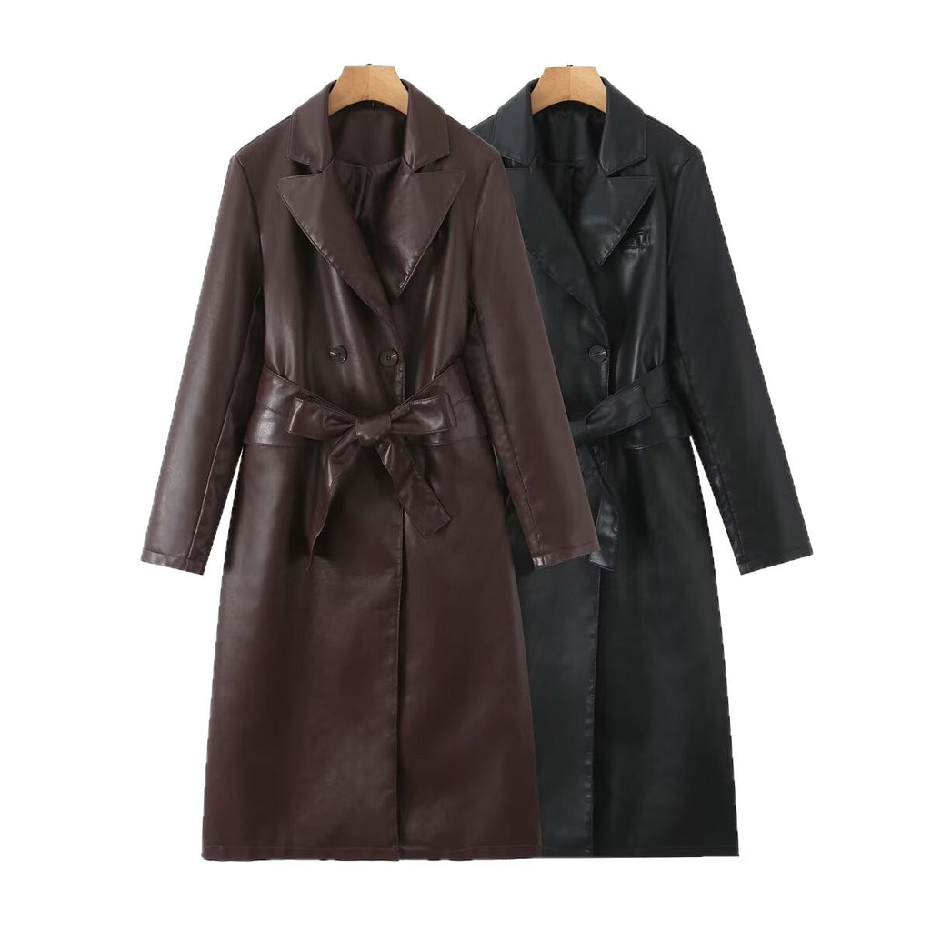 Women's Faux Leather Trench Coat with Waist Belt and Elegant Pocket Seams
