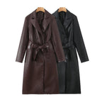 Women's Faux Leather Trench Coat with Waist Belt and Elegant Pocket Seams
