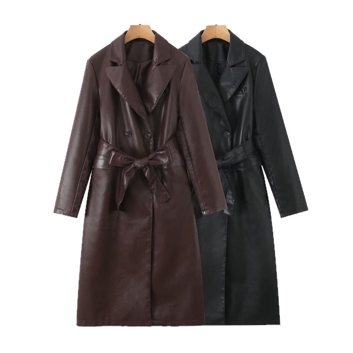 Women's Faux Leather Trench Coat with Waist Belt and Elegant Pocket Seams
