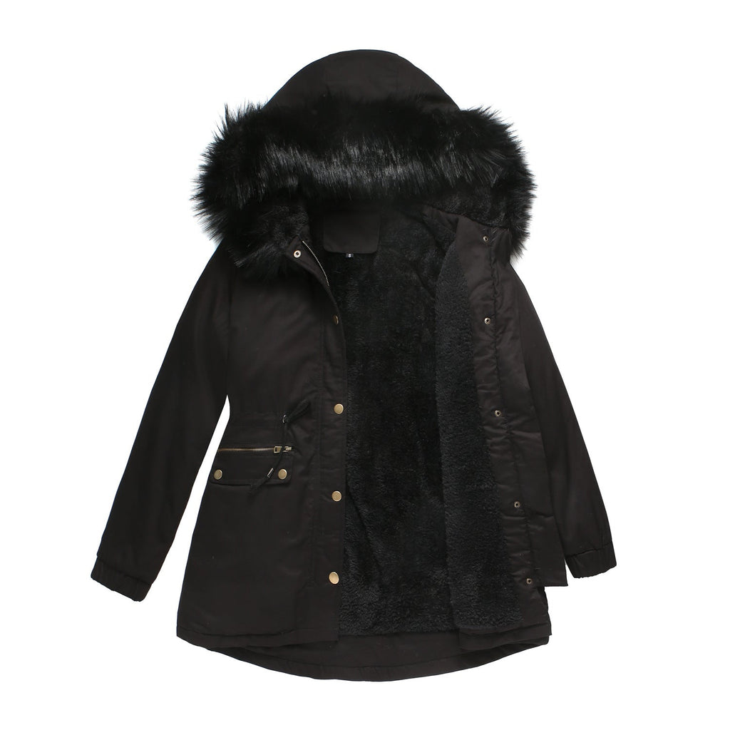 Women's Insulated Parka with Detachable Faux Fur Collar and Adjustable Waist
