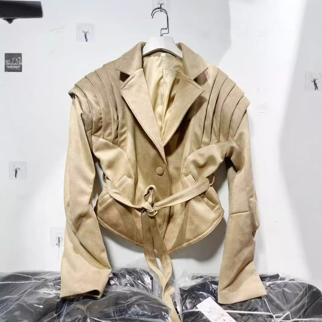 Women's Elegant Faux Leather Jacket with Ruffle Details