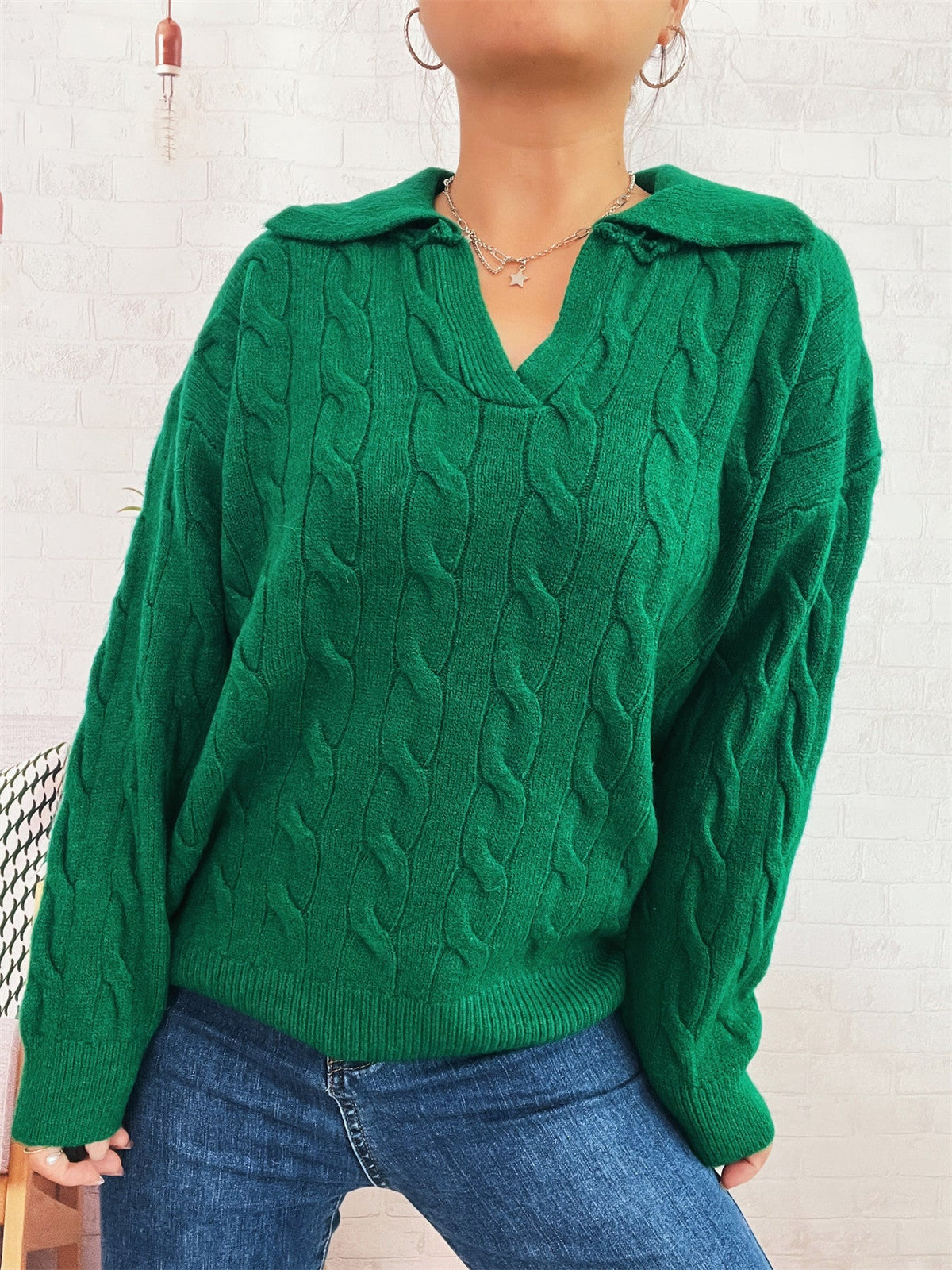 Women's Chunky Knit Sweater with Colorful Cable Design and Classic Collar