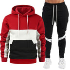 Men's sporty hoodie and jogger set with contrast trims, kangaroo pocket, elastic waistband, and tapered leg