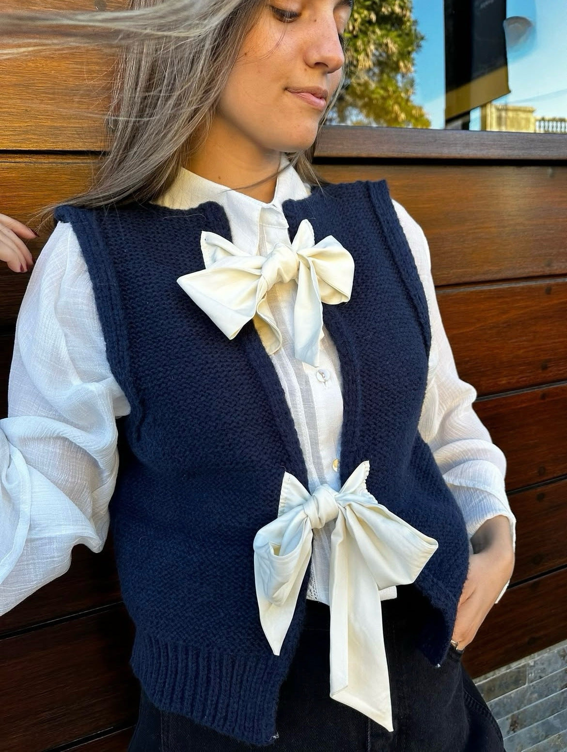 Women's Sleeveless Knit Vest with Back Bows