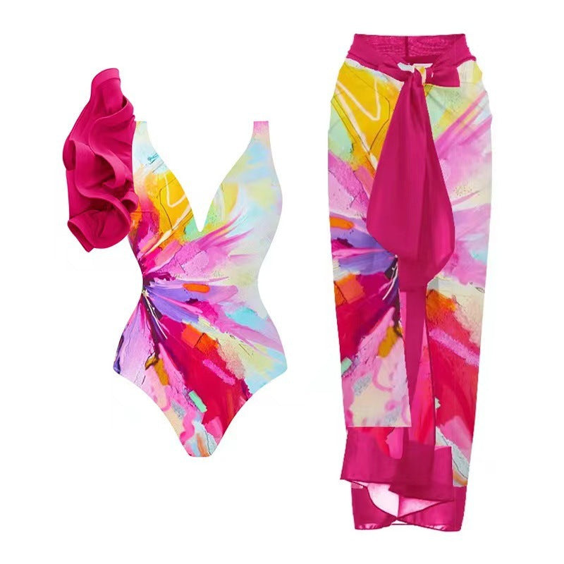 Women's Swimsuit Set with Floral Design and Elegant Wrap Skirt